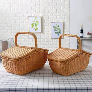 Country Style Woven <b>Wicker</b> Picnic <b>Basket</b> Boat Shaped Natural Rattan Food Wine <b>Storage</b> Hamper Double Lids Outdoor Activity Cases - Product Image 3