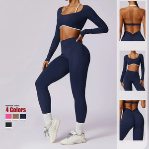 Ensemble de yoga 3 pièces bleu marine : Crop top dos nageur à col carré, Legging taille haute longueur intégrale, sans couture, en Spandex/Nylon extensible dans les quatre sens - Product Image 4