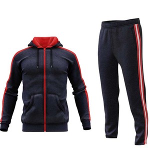 Chándal a rayas azul marino y rojo para hombre, con capucha y cremallera completa, corte regular, de poliéster y algodón, para otoño, con bolsillos laterales - Product Image 1