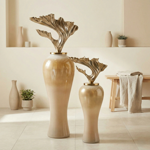 Aluminum Antique Gold Decorative Floor <b>Vase</b> Duo Tall Urn Shape Metal Flower Pots For Home Interior Living Room Styling and Event - Product Image 5