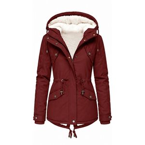 Custom Red Black Women's Colorblock Parka <b>Jacket</b> Polyester Shell <b>Sherpa</b> <b>Lined</b> Drawstring Waist Winter Outerwear - Product Image 6