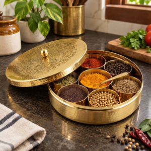 Boîte à épices ronde en laiton gravé, Masala Dabba, 7 compartiments avec couvercle à bouton et cuillère, conteneur de rangement de cuisine, vente en gros - Product Image 3