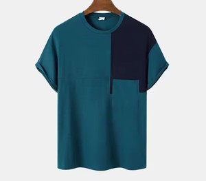 T-shirt décontracté pour homme en maille à manches courtes, bleu sarcelle, à blocs de couleur, col rond, coupe classique, design uni - Product Image 1
