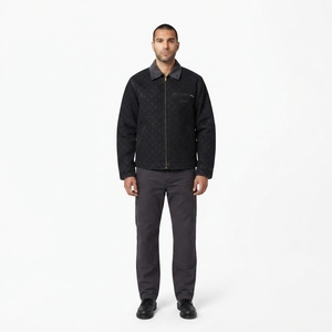 Veste de travail streetwear noire personnalisée OEM pour hommes, en sergé de coton 280 GSM, col en velours côtelé, coutures triples, respirante - Product Image 1