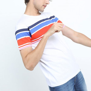 Men's <b>White</b> T-Shirt With Color Block Striped Sleeves Regular Fit Casual O-Neck Top - Product Image 4
