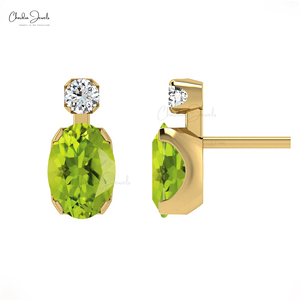 Boucles d'oreilles clous en or massif 14 carats avec péridot naturel et diamant, taille ovale 7x5mm, pierre précieuse, fermoir poussoir, bijoux pierre de naissance d'août - Product Image 1