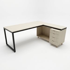 Escritorio Ejecutivo Moderno en Forma de L con Estructura Metálica, Almacenamiento Abierto, Cajones en el Pedestal, Superficie de Madera Clara, Estación de Trabajo para Computadora de Oficina en Esquina - Product Image 1