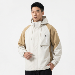 Chaqueta Varsity con Capucha para Hombre, Diseño Color Block, Impermeable, Resistente al Viento, Transpirable, Poliéster, Cierre de Cremallera, Bolsillos Frontales, Estilo Casual, Otoño - Product Image 3