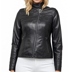 Blouson de moto en cuir de vache véritable tricoté pour femme, col montant zippé, respirant, hiver, grandes tailles, OEM, couleur unie - Product Image 4