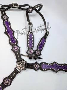 Western Horse Bridle Set Hand <b>Tooled</b> <b>Leather</b> Headstall Breast Collar Matching Reins Conchos Decorated Custom Colors Custom Horse - Product Image 3
