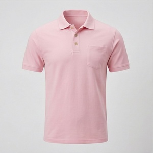 Polo piqué rose à manches courtes pour homme avec poche, coupe décontractée, design tricoté uni, coton anti-rétrécissement - Product Image 1