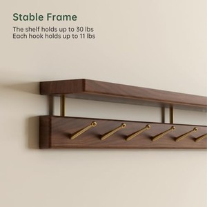 Étagère murale en bois de manguier avec crochets en laiton - Étagère de rangement décorative en noyer - Vente en gros - Product Image 4