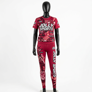 Ensemble de sport pour femme en polyester et élasthanne de haute qualité 220 GSM, t-shirt et legging rouges extensibles, logo sublimé. - Product Image 5