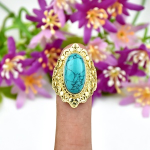 Gorgeous 18k Gold Vermeil <b>Chunky</b> Silver <b>Ring</b> 925 Sterling Silver Long Oval Blue Turquoise December Birthstone Fine Gift For Her - Product Image 2