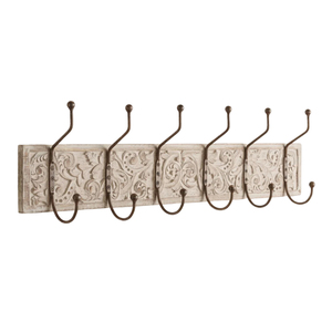 Porte-manteau mural en bois sculpté à la main, style antique, avec 6 crochets métalliques, rail de rangement pour clés, finition blanc vieilli, style vintage - Product Image 1