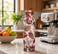 Bouteille d'eau en cuivre avec motif floral oriental, portable, pour les voyages, avec couvercle, impression feuille d'argent, bouteille en cuivre
