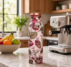 Bouteille d'eau en cuivre avec motif floral oriental, portable, pour les voyages, avec couvercle, impression feuille d'argent, bouteille en cuivre - Product Image 4