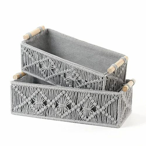 Grey Macramé <b>Storage</b> <b>Basket</b> Handmade Cotton <b>Rope</b> Woven Eco-Friendly & Stackable Home Décor Organizer for Living Room & Bedroom - Product Image 1