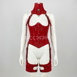 Corset sous-poitrine en cuir suédé rouge à baleines en acier avec ensembles de harnais - Product Image 3