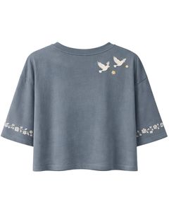 T-shirt court femme bleu acier avec broderie florale colombe, manches courtes, décontracté, en mélange de coton doux, haut d'été pour femme, vente en gros - Product Image 2