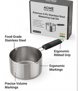 Juego de 4 Tazas Medidoras de Acero Inoxidable de Diseño Moderno Premium con Asas Negras, Ideales para Tareas Precisas de Cocina y Repostería - Product Image 5