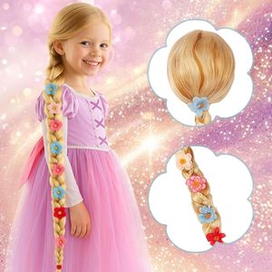 Parrucca da Principessa Rapunzel per Bambine, Decorazioni Floreali Tie-Dye, Trecce Bionde per Costume di Halloween per Giovani Principesse - Product Image 3