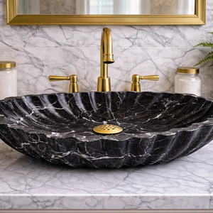 Vasque en marbre noir Nero Marquina, design floral en marbre noir de luxe, lavabo fait main, vasque de salle de bain moderne, lavabo à poser sur comptoir - Product Image 3