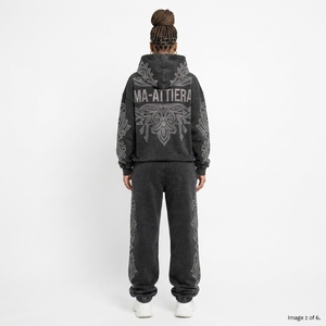 Conjunto de Sudadera con Capucha y Pantalones Jogger Personalizados con Pedrería, de Algodón Lavado y Felpa, Dos Piezas, Estilo Urbano, Venta al Por Mayor OEM - Product Image 2