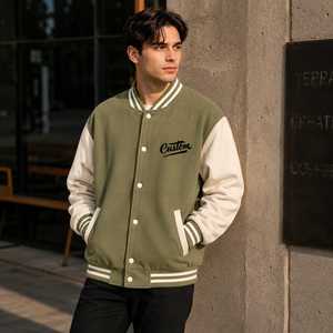Custom Men's Varsity Jacket Olive Green Beige Sleeve Turn-down Collar <b>Covered</b> <b>Button</b> Casual Winter Style Printed Letter Back - Product Image 1