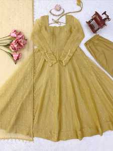 Costume Anarkali traditionnel jaune en soie gaufrée pour femme, séchage rapide, protection solaire, infroissable, coupe régulière - Product Image 3