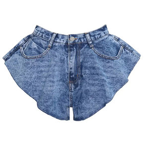 Jupe-short en jean taille haute pour femme, décontractée, en tissu de coton délavé, avec poches et fermeture boutonnée - Product Image 1