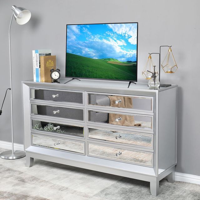 Silver TV Stand with Left 4 Drawers and Right 4 Drawers Diamond Shape Handle