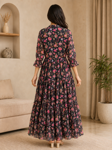 Robe longue maxi pour femme à imprimé floral, col en V, en mousseline de soie à volants, style bohème, pour l'été, la plage, les vacances, avec ceinture - Product Image 5