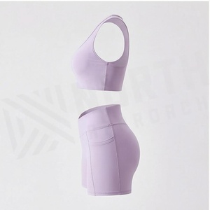 Lavender 2 Piece Yoga Set Racerback Crop <b>Top</b> High Waist Shorts Seamless Breathable Sportswear - Product Image 3