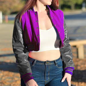Womens Varsity Crop <b>Jacket</b> Purple <b>Silver</b> Letterman Style Bomber Coat Faux Leather Sleeves Casual Outerwear Ladies Fashion - Product Image 1
