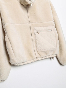 Abrigo de invierno grueso para mujer, color crema, de piel sintética, con cremallera, cuello alto, hombros caídos, bolsillos con parche. - Product Image 5