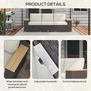 Divano da Esterno a 3 Posti in Rattan PE Beige con Cuscini e Braccioli Effetto Legno per Ville e Strutture Sportive - Product Image 6