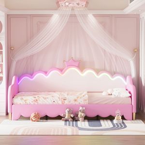 Moderno Letto a Soppalco Rosa per Bambini con Luci LED e Testiera a Corona, Estensibile - Product Image 2