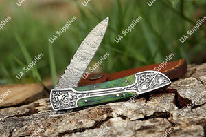 Navaja de bolsillo plegable de acero de Damasco hecha a mano con mango de madera grabado, EDC táctica de supervivencia, DIY, ODM, personalizada - Product Image 5