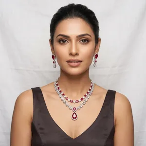 Parure de collier style rubis rouge en laiton, inspirée Kundan Polki, bijoux de mariée pour femmes pour mariage et fête - Product Image 3