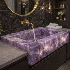 Lavabo de Baño de Lujo con Piedra Amatista Morada y Grifo Dorado, Lavabo Rectangular Moderno para Encimera - Product Image 1