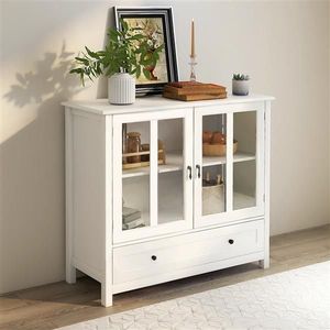 Double Glass Door Buffet Storage Cabinet with Unique Bell Handle Elegant Living Room Furniture - Product Image 2