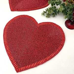 Handmade Red Heart Shaped Beaded Fabric Placemat Romantic <b>Table</b> Mat Set - Product Image 4