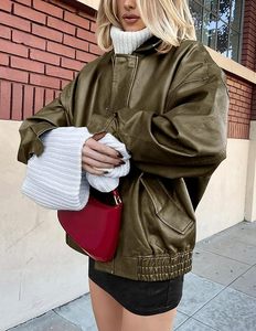 Veste moto pour femme en cuir PU vert tressé, à manches longues, fermeture éclair, col rabattable, style automne - Product Image 6