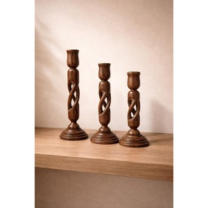 Porte-bougies en bois de Sheesham en gros |   Ensemble artisanal brun foncé - Product Image 1