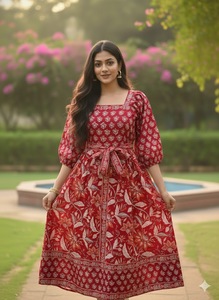 Vestido Maxi de Algodón con Estampado Étnico para Mujer, Cuello Cuadrado, Cintura con Lazo, Manga 3/4, Estilo Bohemio, Veraniego, Paisley, Hecho a Mano en India, Corte en A - Product Image 3