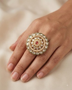 Handcrafted Circular Gold Plated Kundan Pearl Cluster <b>Adjustable</b> <b>Rings</b> For Women Bridal Party Ethnic Festive Wear <b>Ring</b> Wholesale - Product Image 4