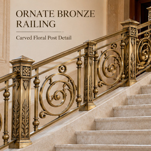 Scrollwork Bronze Railing <b>Handrail</b> Balustrade with Circular Coil Panels and Carved Floral Newel Posts for Luxury Villas and Hote - Product Image 1