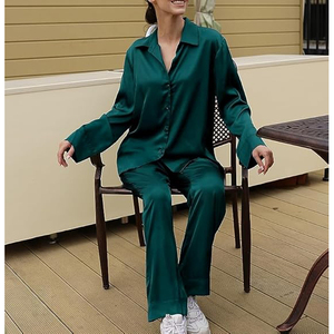 Custom Print Satin Pajama Set Long Sleeve Notch Collar Elastic Waist Straight <b>Pants</b> Loungewear - Product Image 2