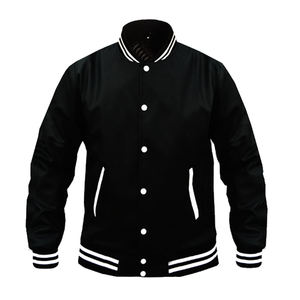 Chaqueta Varsity Negra Premium para Hombre, Corte Regular, Color Sólido, Cuello Camisero, Cierre de Botones, Ropa Casual de Otoño, Material de Poliéster - Product Image 1